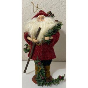 Vintage Santa Claus Ornament Walking Stick Pine Cone Evergreen Bough Shabby Chic